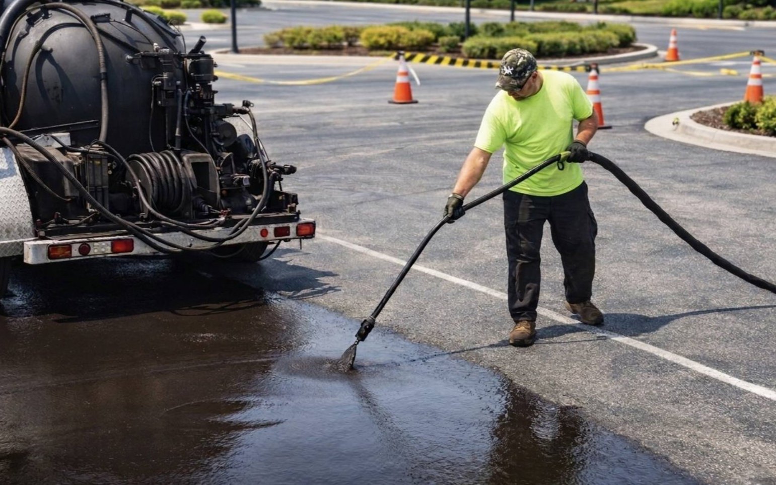 Fresh asphalt surface after pavement maintenance and sealcoating preparation
