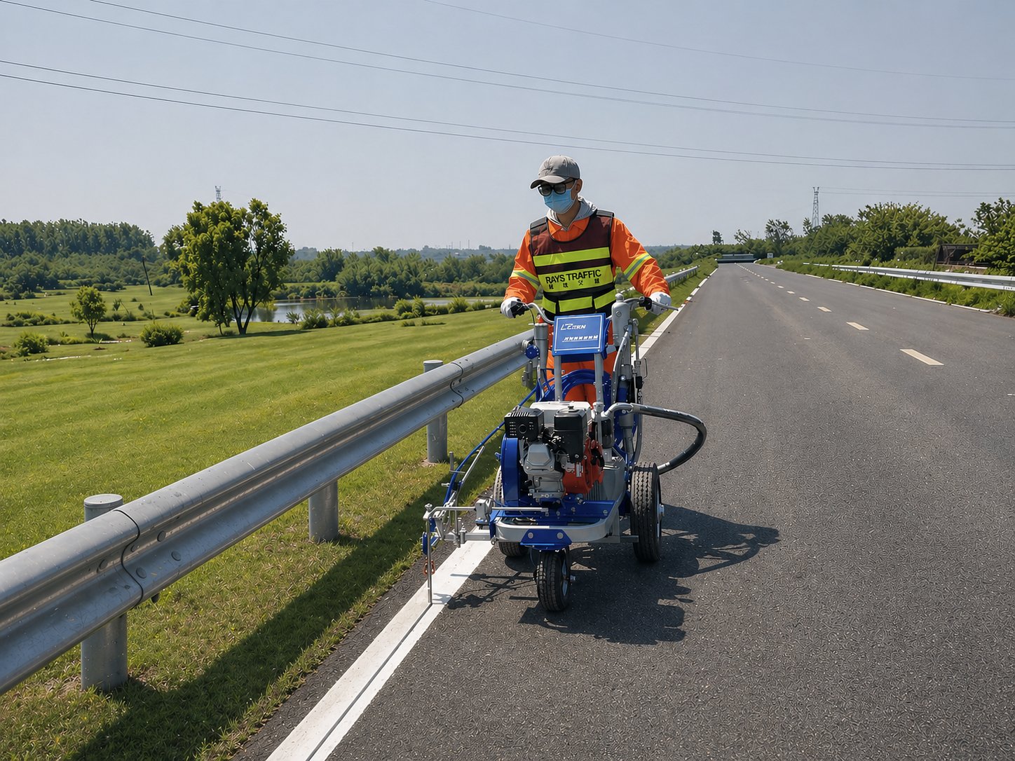 Fresh road line striping on dark asphalt